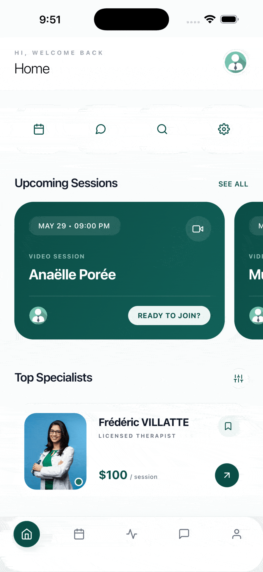 Screens from a therapy platform built with Expo and React Native: Agora carries real-time video between therapist and patient while a transcription agent joins the call, streams multilingual speech-to-text to the dashboard, and stores transcripts in AWS S3; a Socket.IO channel synchronises EMDR session state — direction, speed, colour, audio — between the therapist dashboard and the patient app.